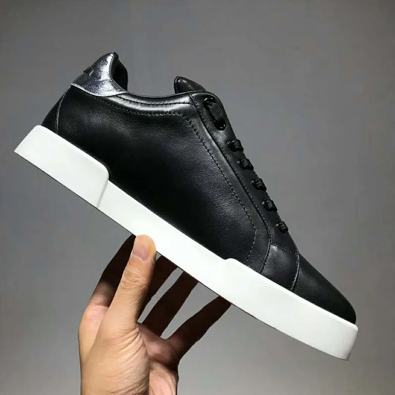 Dolce Gabbana D&G Shoes Calfskin Portofino Sneakers With Patch for Men in Black