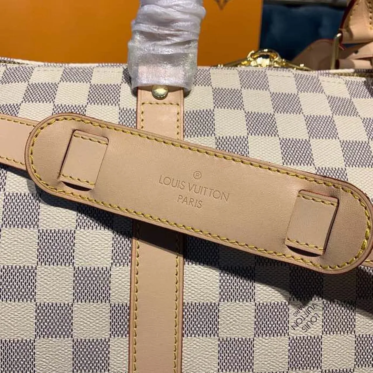 Louis Vuitton Keepall Bandouliere 55 Travel Bag in Damier Azur Gold Hardware Louis Vuitton Keepall Bandouliere 55 Travel Bag in Damier Azur Gold Hardware