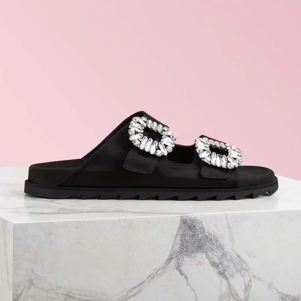 Roger Vivier Slidy Viv' Strass Buckle Sandals Silk Satin for Women in Black Roger Vivier Slidy Viv' Strass Buckle Sandals Silk Satin for Women in Black