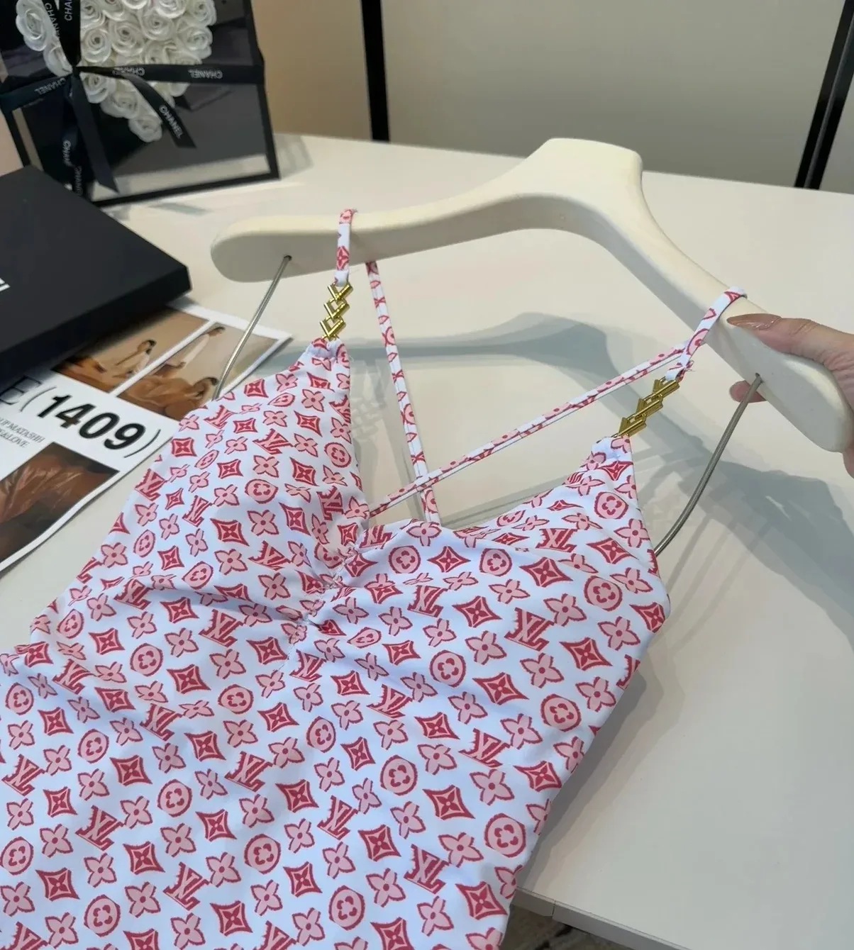 Louis Vuitton Chain Ruched One-Piece Swimsuit Pink/ Red Monogram