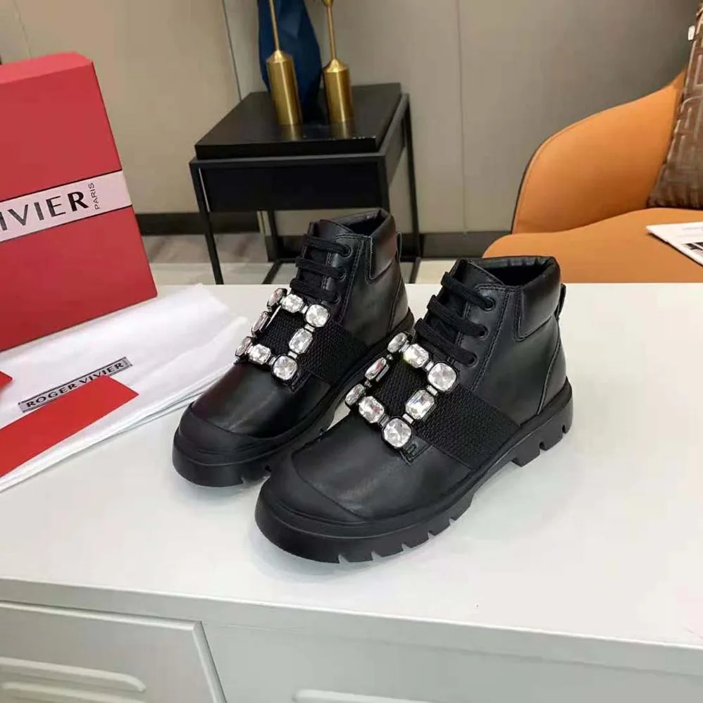 Roger Vivier Walky Viv' Lace Up Strass Buckle Booties in Leather for Women Roger Vivier Walky Viv' Lace Up Strass Buckle Booties in Leather for Women