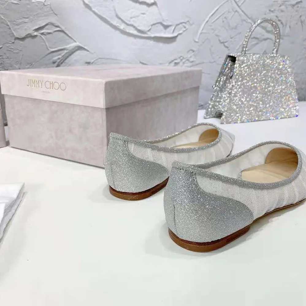 Jimmy Choo Love Flat Metallic Silver Glitter Fabric Flats for Women Jimmy Choo Love Flat Metallic Silver Glitter Fabric Flats for Women