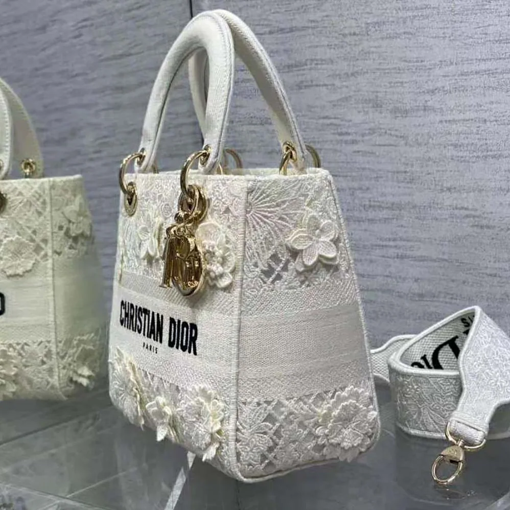 Dior Medium Lady D-lite Bag White D-Lace Embroidery with 3D Macramé Effect for Women Dior Medium Lady D-lite Bag White D-Lace Embroidery with 3D Macramé Effect for Women