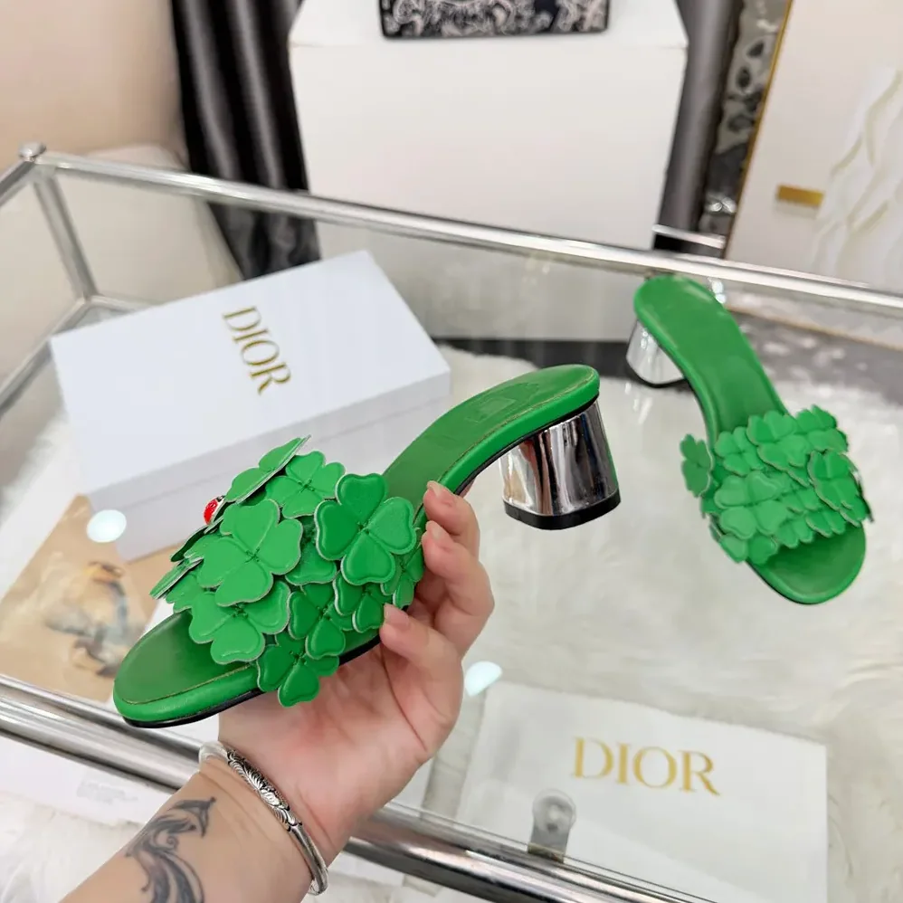 Dior Bloom Heeled Slide Green Dior Clover Embroidered Lambskin for Women Dior Bloom Heeled Slide Green Dior Clover Embroidered Lambskin for Women