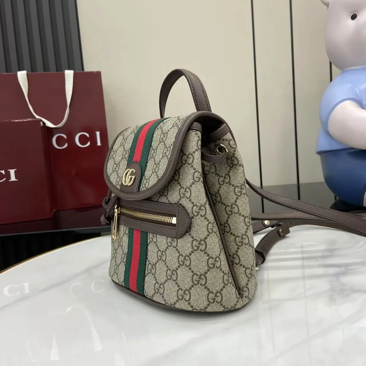 Gucci Ophidia Mini Backpack / Beige/ Dark Brown Gold Hardware