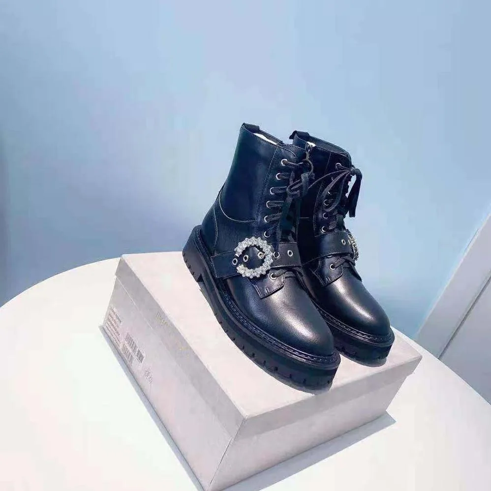 Jimmy Choo Cora Flat/Crystal Black Soft Calf Leather Combat Boots with Crystal Buckle for Women Jimmy Choo Cora Flat/Crystal Black Soft Calf Leather Combat Boots with Crystal Buckle for Women