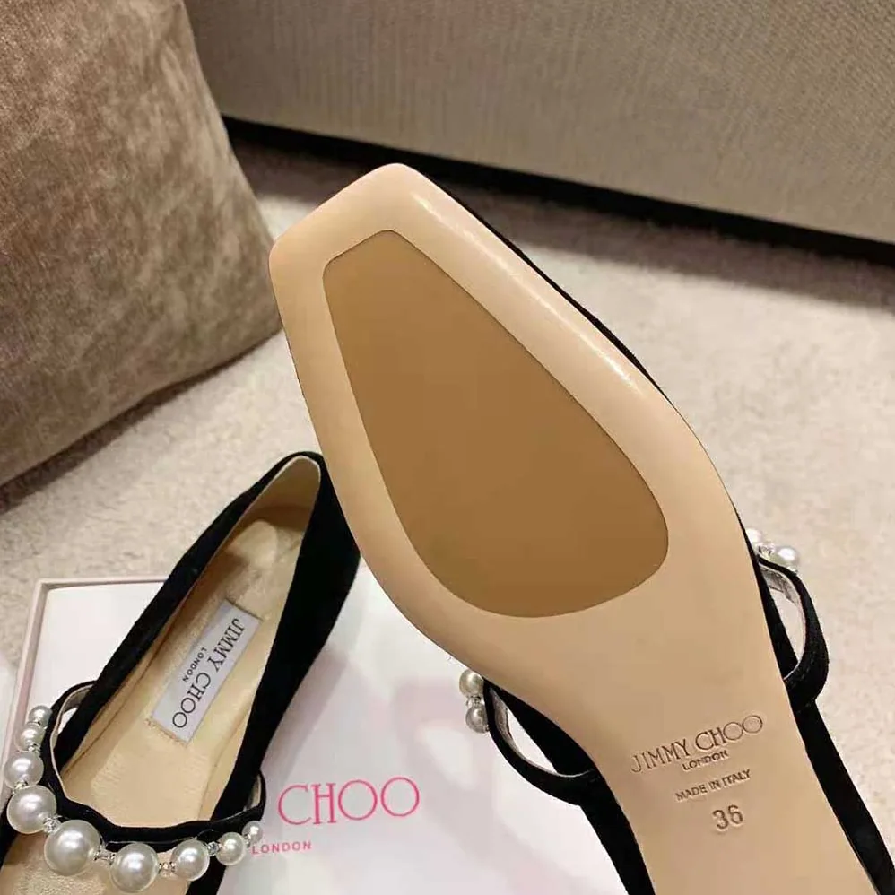 Jimmy Choo ADE Flat Black Suede Flats with Pearl Embellishment for Women Jimmy Choo ADE Flat Black Suede Flats with Pearl Embellishment for Women