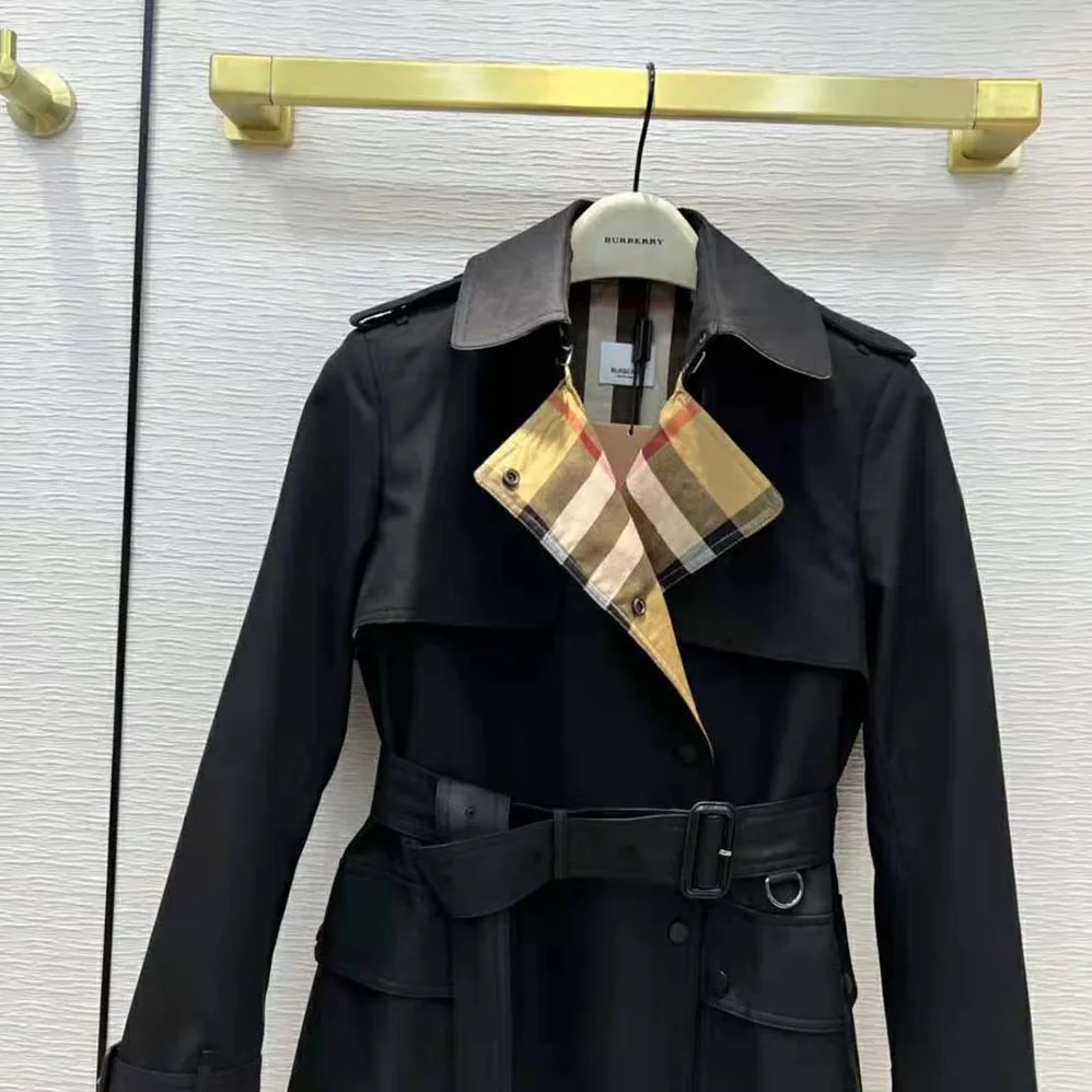 Burberry Check Panel Cotton Gabardine Trench Coat for Women in Black Burberry Check Panel Cotton Gabardine Trench Coat for Women in Black