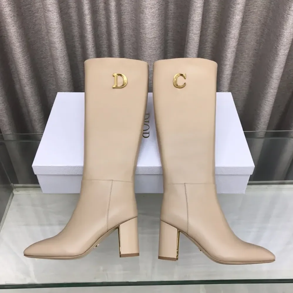 Dior Logo Knee-High Boot In Light Beige Calfskin with Gold for Women in Tone Accents Dior Logo Knee-High Boot In Light Beige Calfskin with Gold for Women in Tone Accents