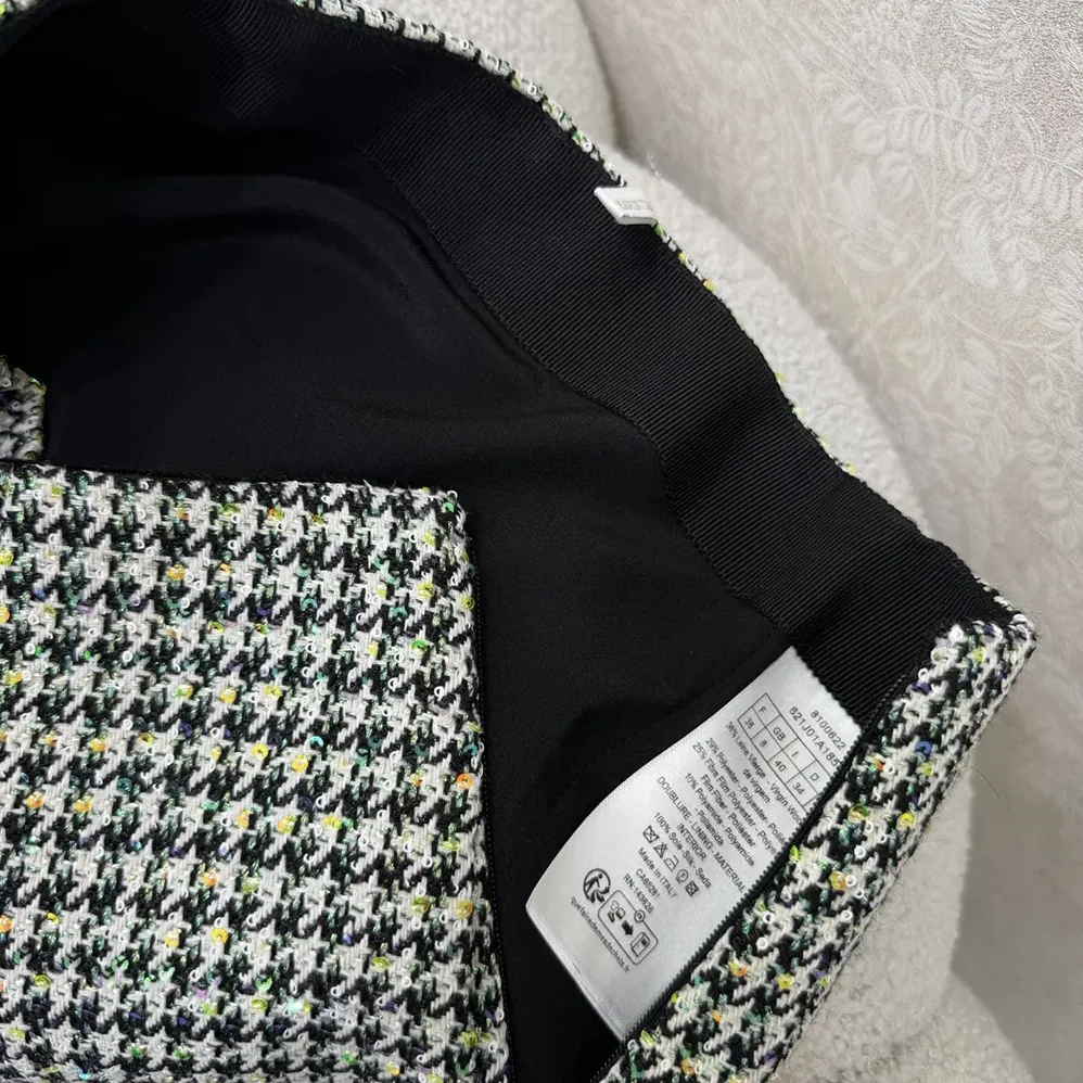 Dior Flared Miniskirt Black and White Houndstooth Virgin Wool Blend with Multicolor Sequins for Women