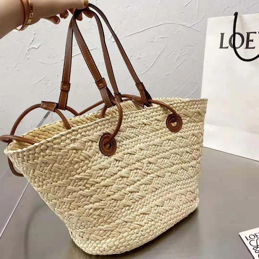 Loewe Medium Anagram Basket Bag in Iraca Palm and Calfskin for Women