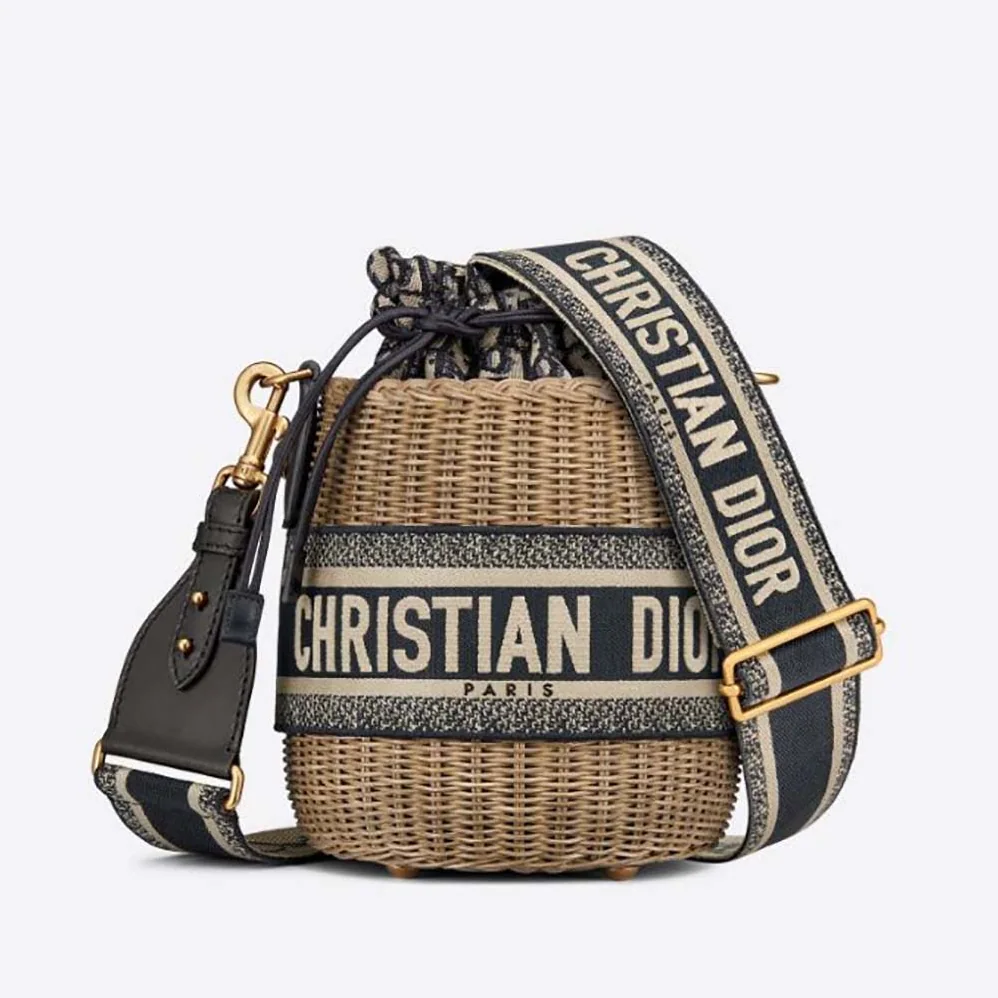 Dior Dior Wicker Bucket Bag Blue Dior Oblique Jacquard and Natural Wicker for Women Dior Dior Wicker Bucket Bag Blue Dior Oblique Jacquard and Natural Wicker for Women