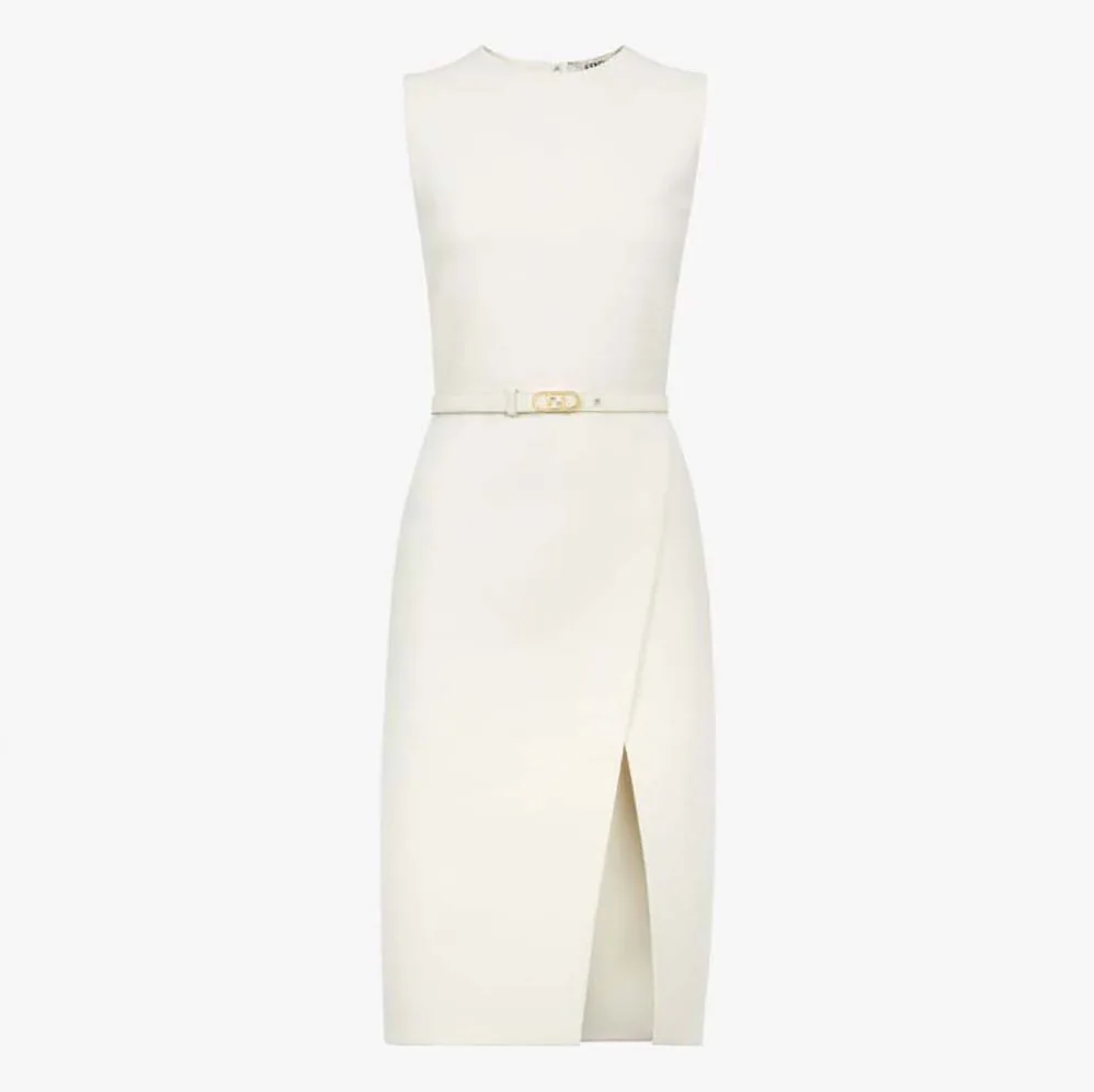 Fendi White Wool and Silk Dress with Fitted Waist and Cross for Women in Over Skirt