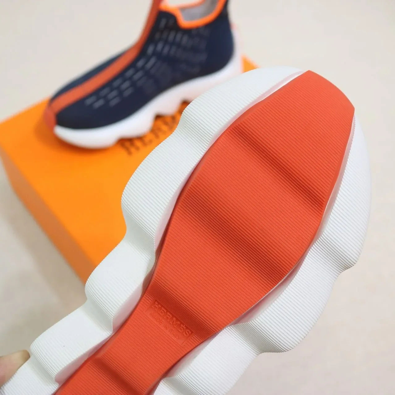 Hermes Eclair Sneakers Dark Blue in Orange Hermes Eclair Sneakers Dark Blue in Orange