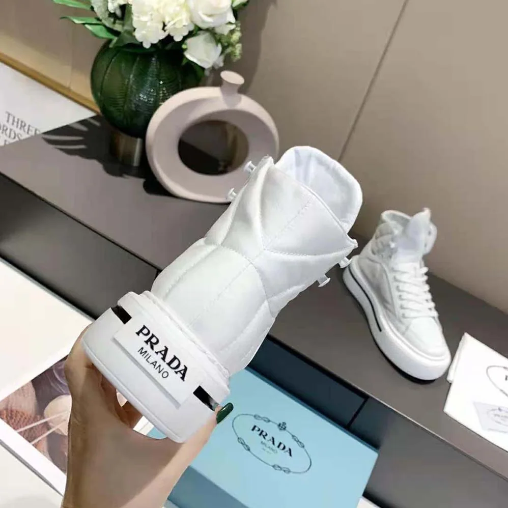 Prada Macro Re-Nylon and Brushed Leather High-top Sneakers for Women in White