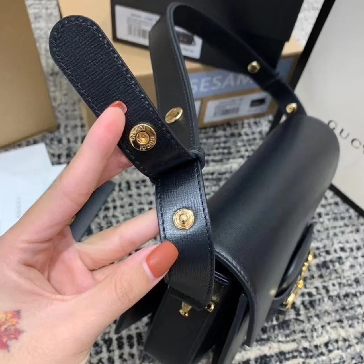 Gucci Horsebit 1955 Shoulder Bag Black Textured With A Vintage Effect / GG