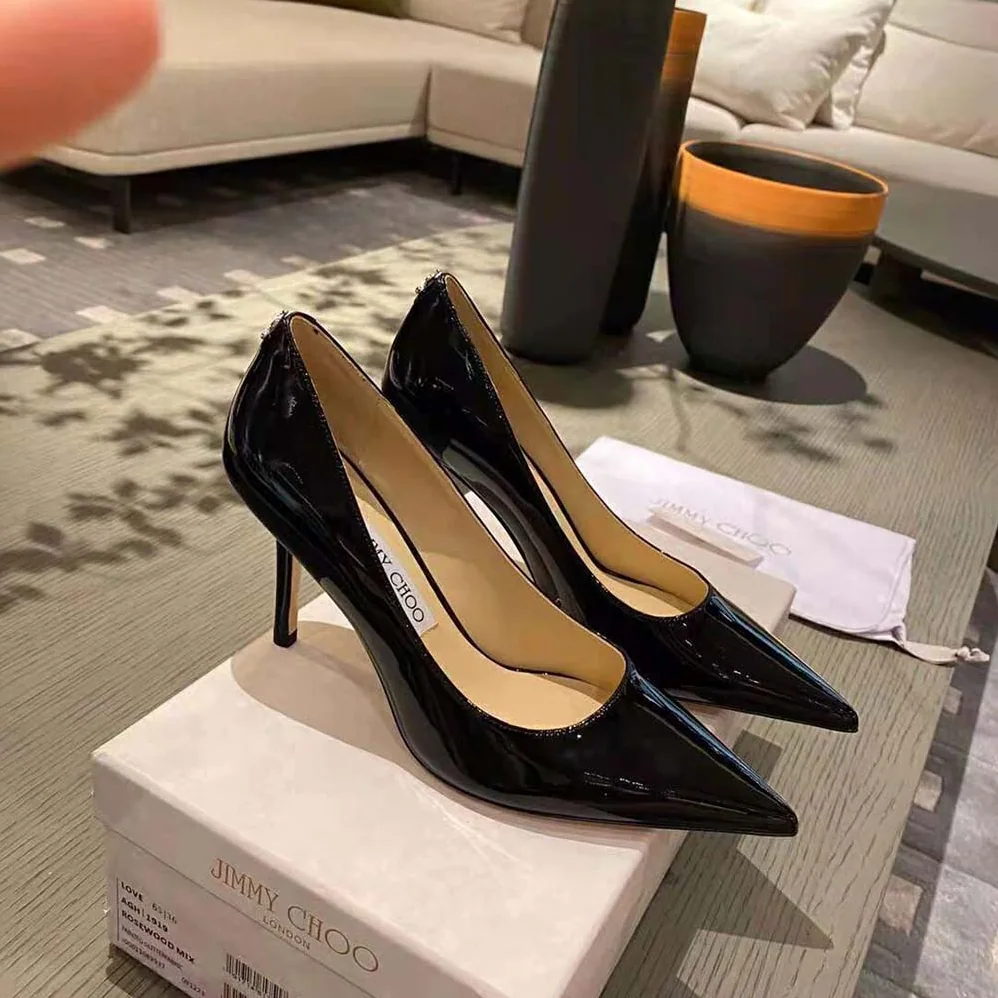 Jimmy Choo Love 100 Black Patent Leather Point-Toe Pumps with JC Emblem for Women Jimmy Choo Love 100 Black Patent Leather Point-Toe Pumps with JC Emblem for Women