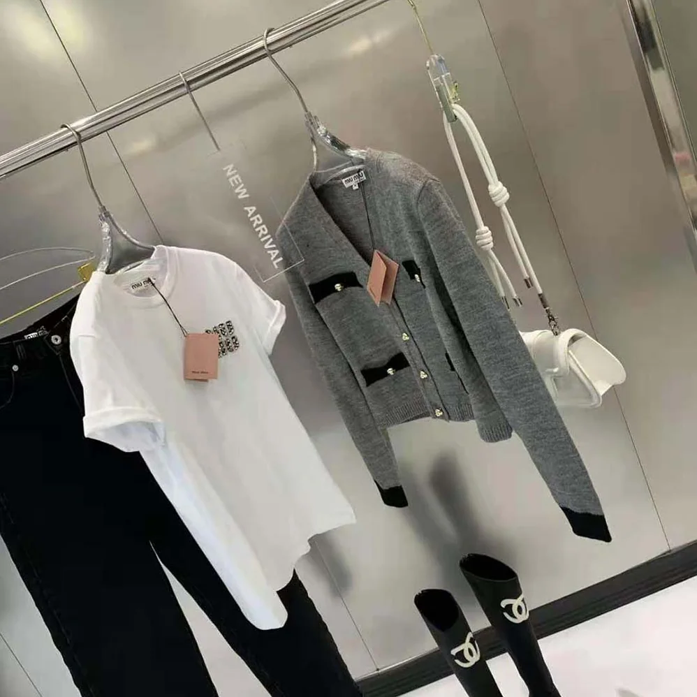 Miu Miu Cashmere Cardigan with Knit Logo Patch for Women in Gray