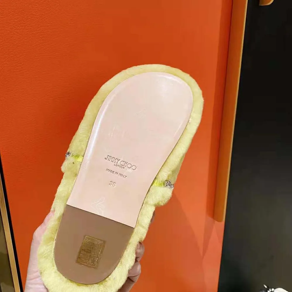 Jimmy Choo Aliette Flat Mimosa Shearling Slippers for Women in Yellow Jimmy Choo Aliette Flat Mimosa Shearling Slippers for Women in Yellow