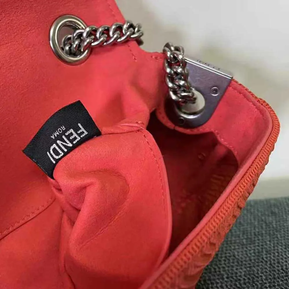Fendi Midi Baguette Chain FF Fabric Bag for Women in Red