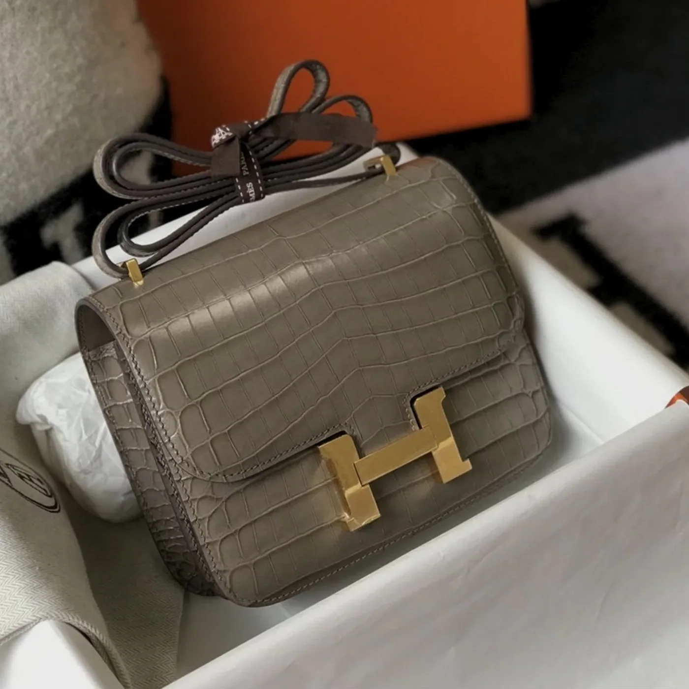 Hermes Mini Constance Bag Grey Gold Color Hardware /