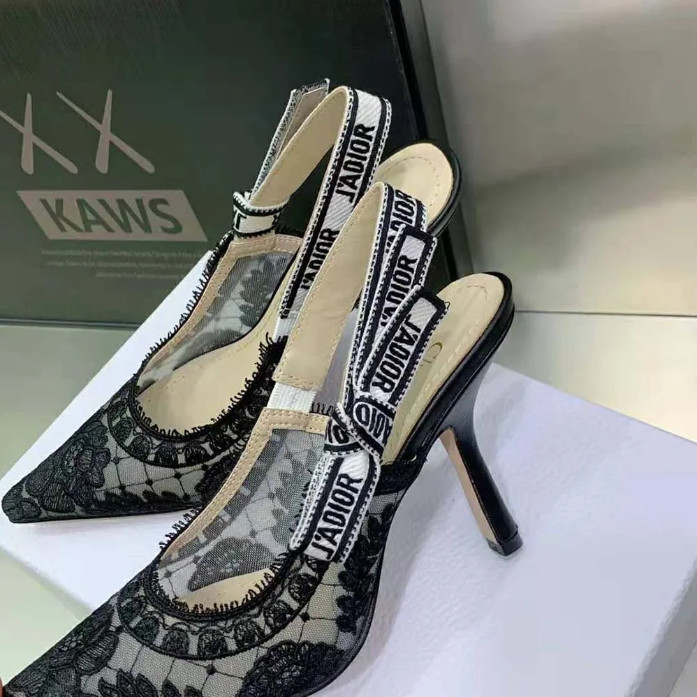 Dior J'Adior Slingback Pump Black Transparent Mesh Embroidered with Dior Roses Motif for Women