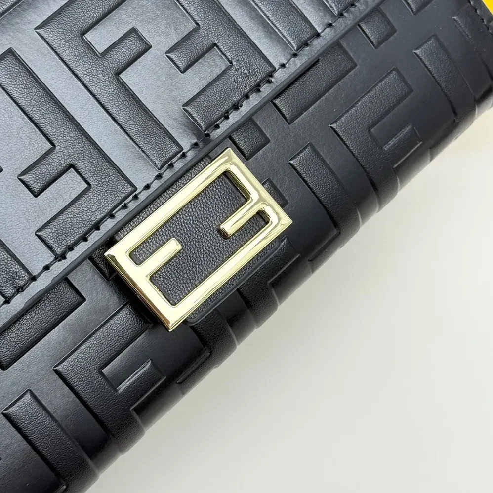 Fendi Baguette Continental Wallet With Chain Black Nappa Leather Wallet for Women