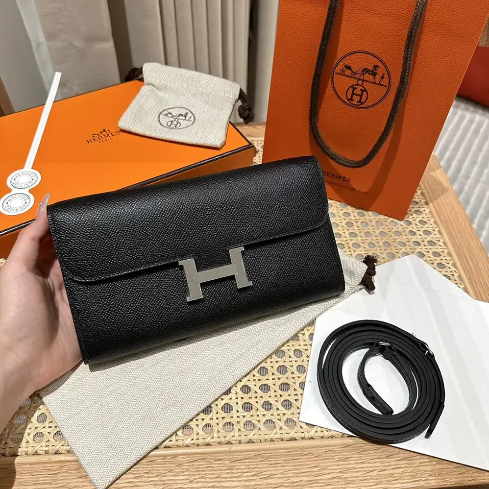 Hermes Constance Long To Go in Epsom Leather for Women in Black/Silver