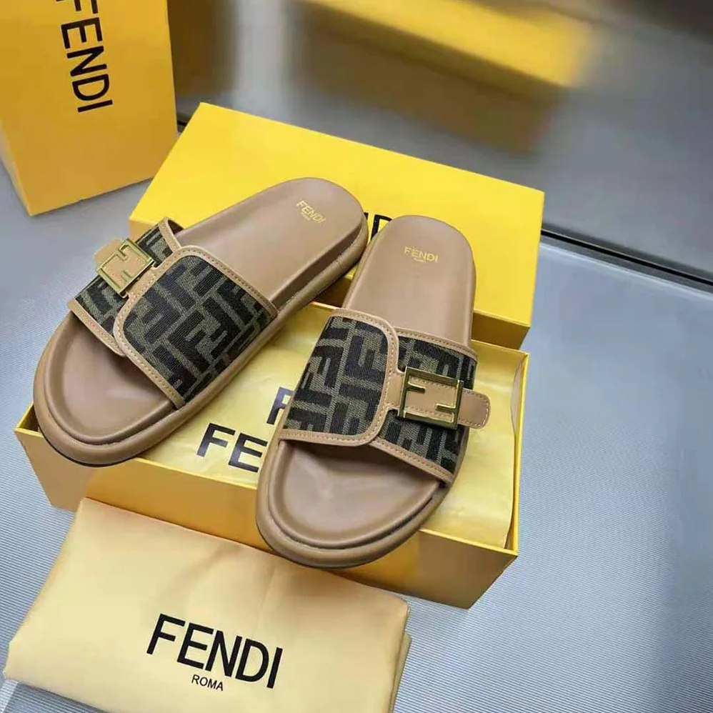 Fendi Feel Brown Fabric Slides for Women