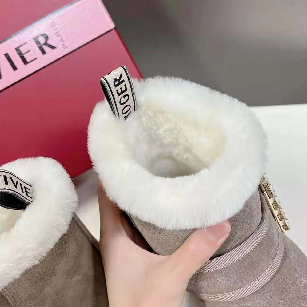 Roger Vivier Viv' Winter Fur Strass Buckle Ankle Boots in Suede for Women in Beige Roger Vivier Viv' Winter Fur Strass Buckle Ankle Boots in Suede for Women in Beige