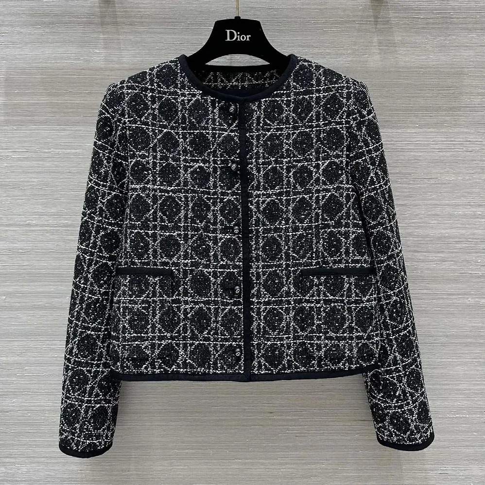 Dior Macrocannage Cropped Jacket Black and White Technical Cotton Tweed for Women