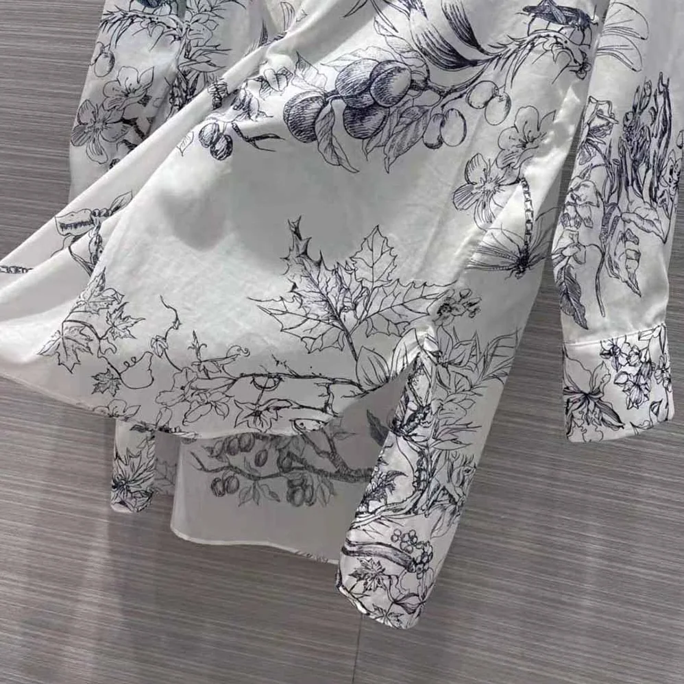 Dior Long Blouse Navy Blue Cotton Voile with Toile de Jouy Flowers Motif for Women