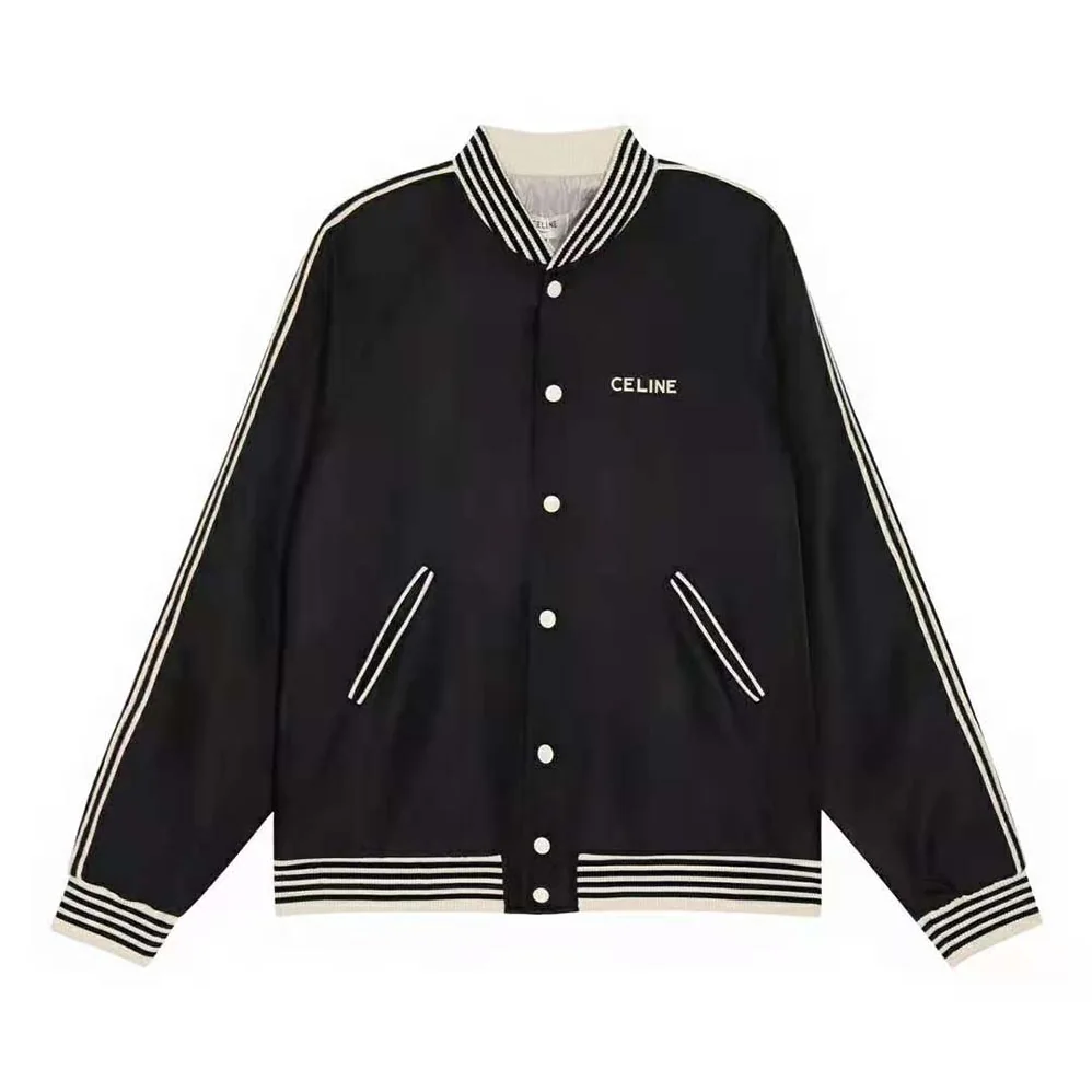 Celine Embroidered Teddy Jacket in Satin-finish Nylon for Men in Black