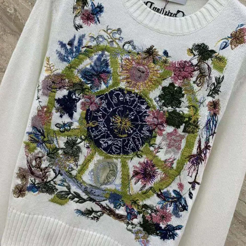 Dior Embroidered Sweater White Cashmere Knit with Multicolor Tarot La Roue de la Fortune Motif for Women