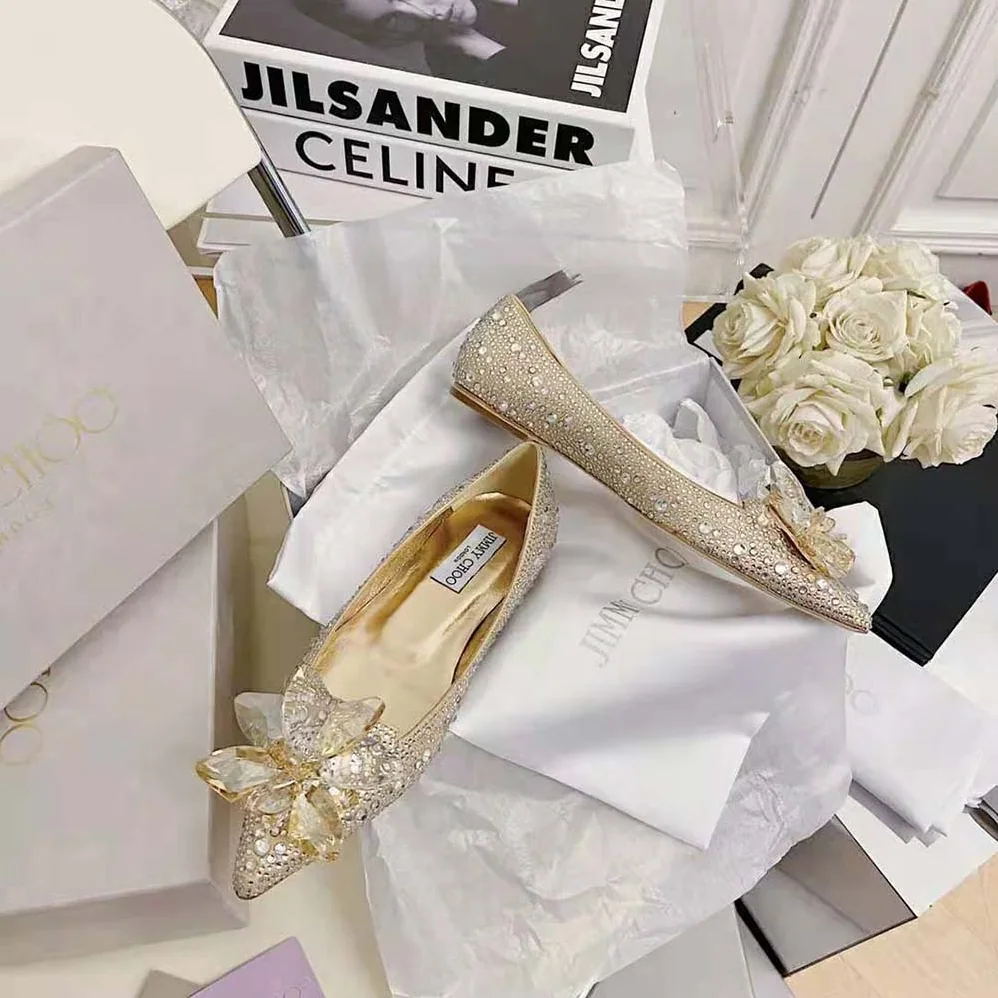 Jimmy Choo Attila Rose Gold Crystal Covered Pointy Toe Flats for Women Jimmy Choo Attila Rose Gold Crystal Covered Pointy Toe Flats for Women
