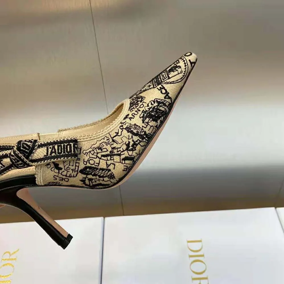 Dior J'Adior Slingback Pump Black and Beige Cotton Embroidered with Plan de Paris Motif for Women Dior J'Adior Slingback Pump Black and Beige Cotton Embroidered with Plan de Paris Motif for Women