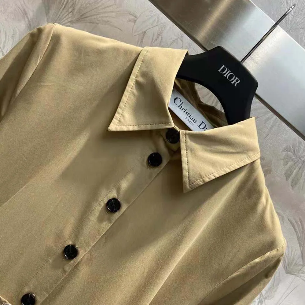 Dior Mid-Length Belted Dress Beige Cotton Gabardine for Women