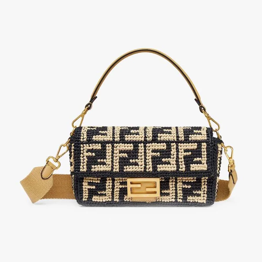 Fendi Baguette Black Raffia Back with Crocheted FF for Women Fendi Baguette Black Raffia Back with Crocheted FF for Women