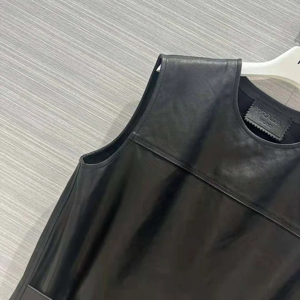 Prada Leather Dress with Knit Triangle Logo for Women in Black Prada Leather Dress with Knit Triangle Logo for Women in Black