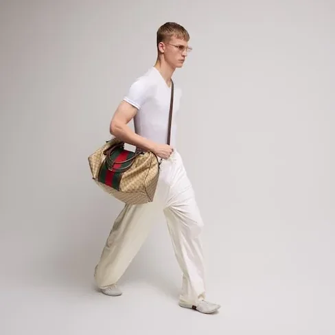 Gucci GG Medium In Web Duffle Bag / Sand/ Dark Brown Gold Hardware Gucci GG Medium In Web Duffle Bag / Sand/ Dark Brown Gold Hardware
