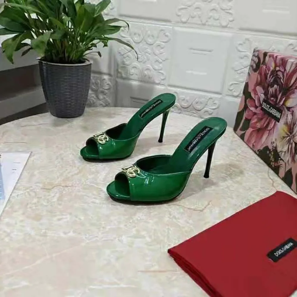 Dolce Gabbana D&G Patent Leather Mules with DG Logo for Women in Green