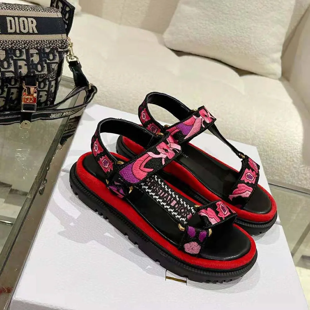 Dior D-wave Sandal Indy Pink Multicolor Cotton with Jardin Indien Embroidery for Women