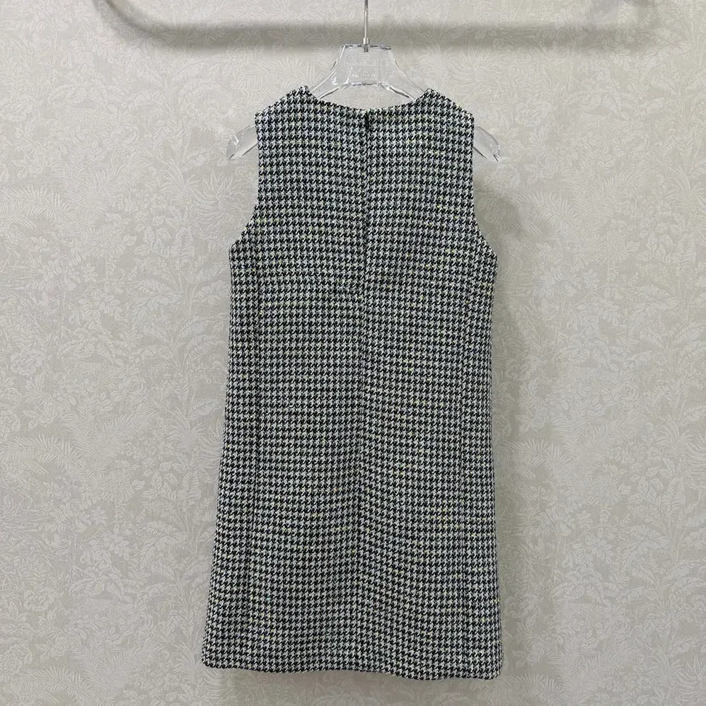 Dior Straight Dress Black and White Houndstooth Virgin Wool Blend with Multicolor Sequins for Women