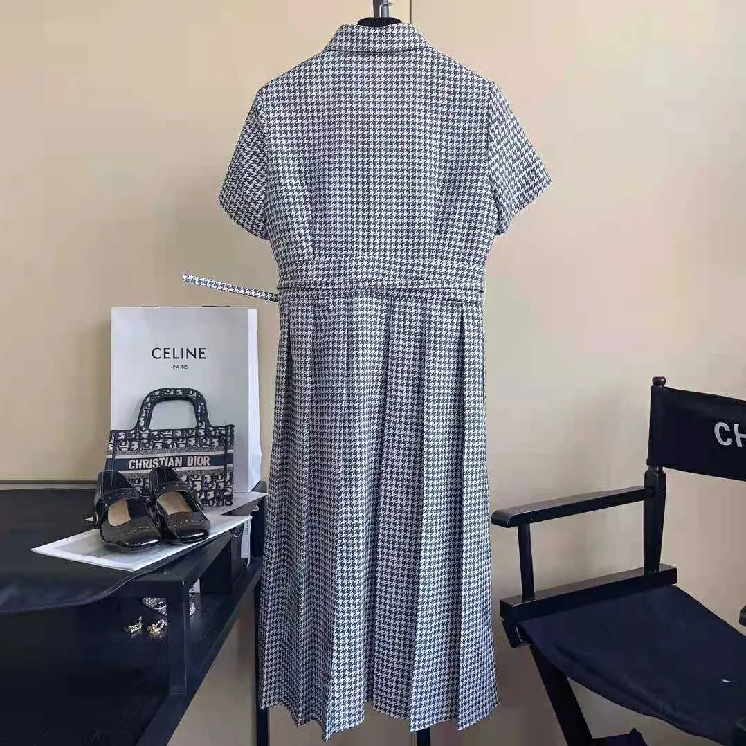 Dior Mid-Length Belted Dress Black and White Technical Cotton Jacquard and Silk for Women