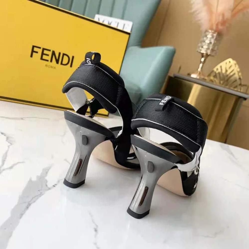 Fendi Colibri Black Mesh High-Heel Slingbacks with Metal Stitches for Women Fendi Colibri Black Mesh High-Heel Slingbacks with Metal Stitches for Women