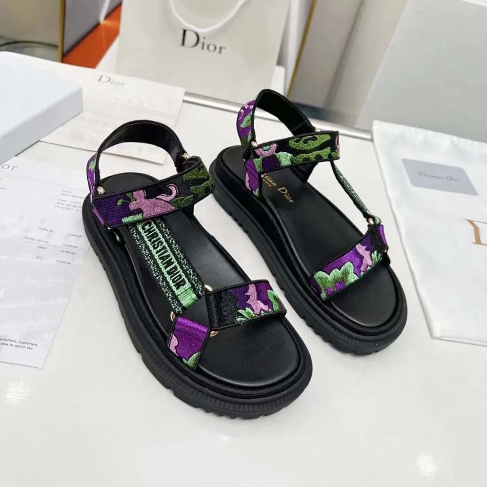 Dior D-Wave Sandal Black Multicolor Embroidered Cotton for Women