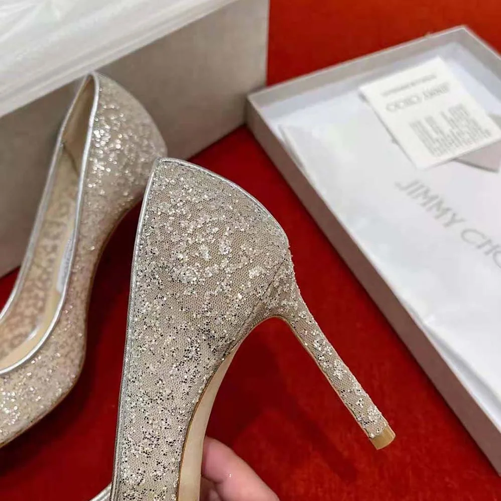 Jimmy Choo Romy 85 Silver Glitter Tulle and Metallic Nappa Pointy for Women in Toe Pumps