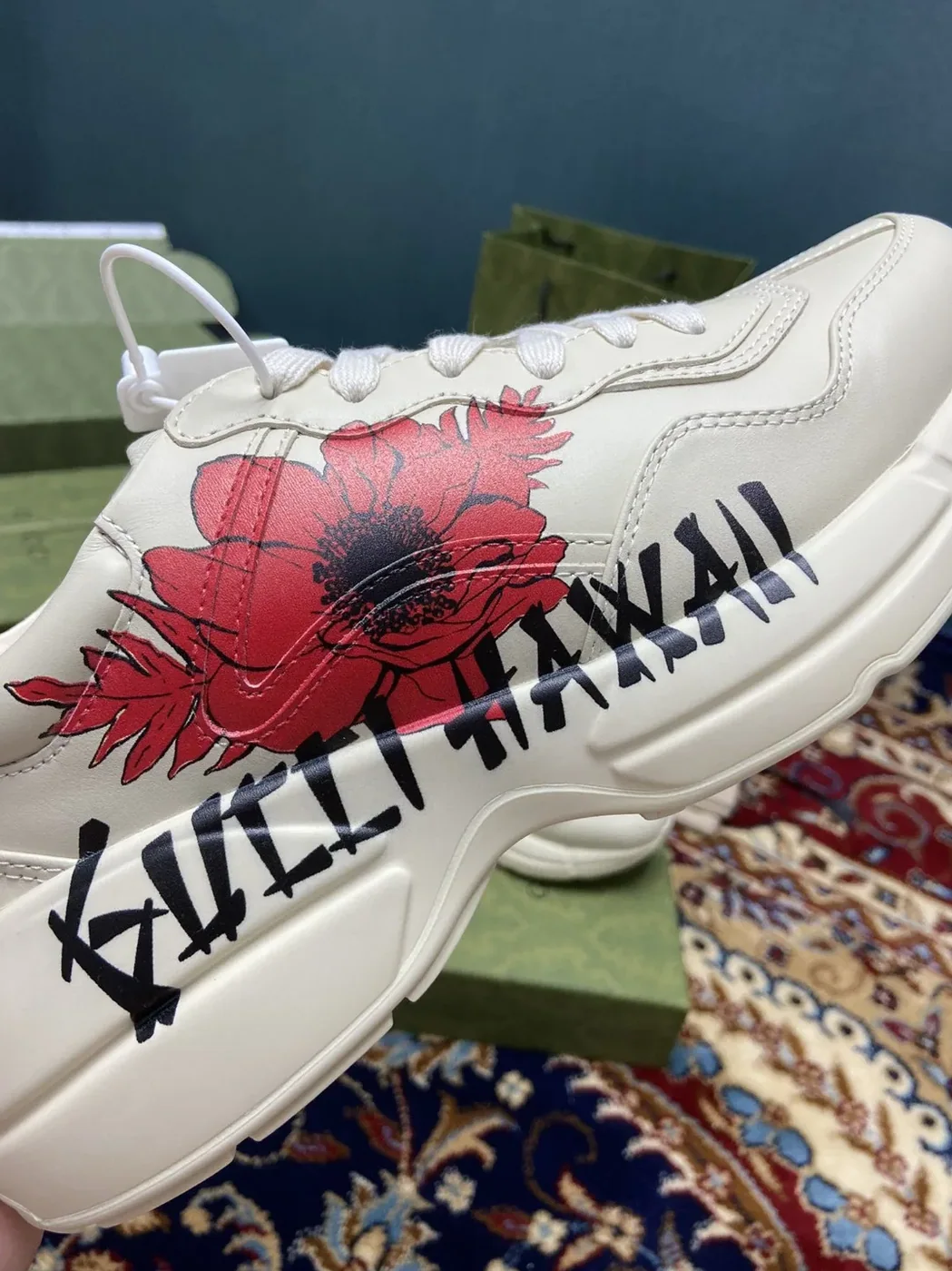 Gucci Rhyton Sneakers With Gucci Hawaii Poppy Print White Ivory
