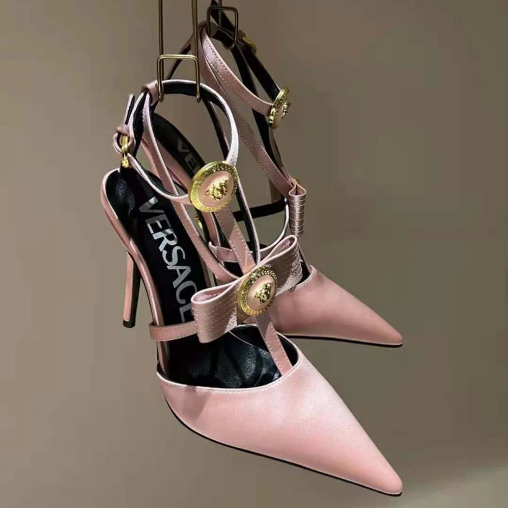 Versace Gianni Ribbon Cage Satin Pumps for Women in Pink