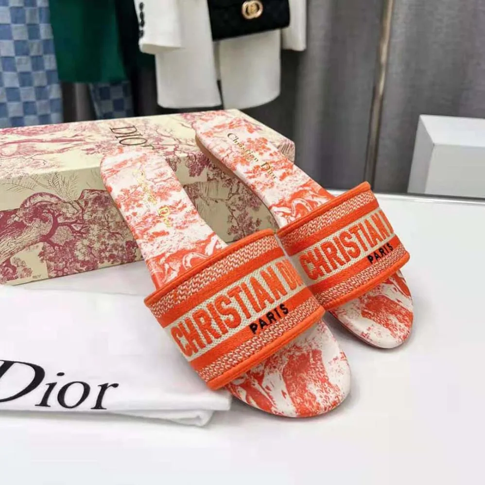 Dior Dway Slide Bright Orange Toile De Jouy Embroidered Cotton for Women